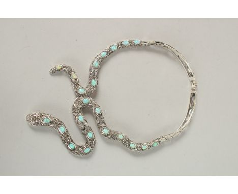 A LARGE SILVER OPAL AND MARCASITE SNAKE NECKLACE.