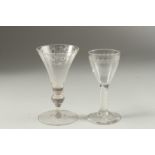 A GEORGIAN WINE GLASS with opaque white twist stem. 13cm high and AN ENGRAVED TRUMPET BOWL GLASS,