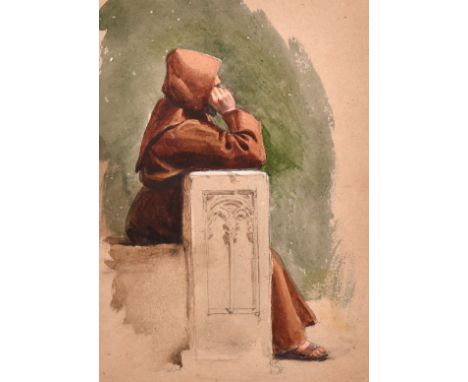 Clarkson Stanfield (1793-1867), study of a monk seated on a stone bench, pencil and watercolour, with inscription on reverse 