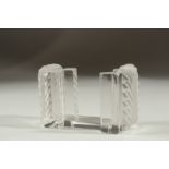 A LALIQUE GLASS CARD HOLDER. Etched Lalique, France. 11cms high.