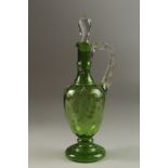 THREE PIECES OF GREEN GLASS, inkwell, octagonal bowl and jug (3).