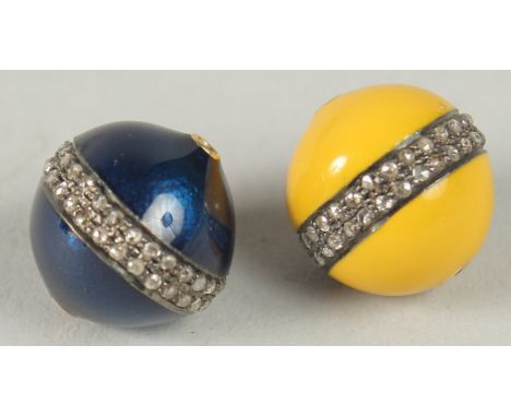 A PAIR OF YELLOW AND BLUE ENAMEL BEADS SET WITH DIAMONDS, 0.5ct in total.