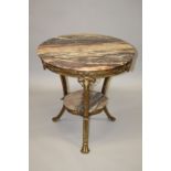 A GOOD VEINED MARBLE AND ORMOLU TWO TIER TABLE with ram's heads, curving legs ending in hoof feet.