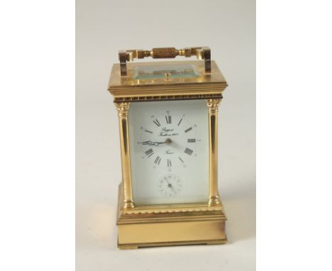 A GOOD FRENCH GILT CARRIAGE CLOCK with repeat action and alarm, RAPPORT FONDEE en 1900 France. 15cms high.