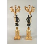 A VERY GOOD PAIR OF SMALL THOMAS HOPE DESIGN BRONZE AND ORMOLU FOUR BRANCH CANDELABRA with a