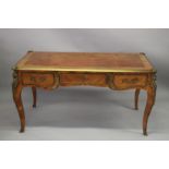 A GOOD 19TH CENTURY FRENCH KINGWOOD BUREAU PLAT with inset leather top, ormolu mounts, three drawers