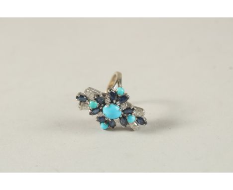 AN 18CT WHITE GOLD, DIAMOND, SAPPHIRE AND TURQUOISE RING. Ring size (K 0.5).