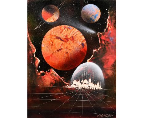 Outer space fantasy art, A Domed City, acrylic and airbrush, with incised signature, 18" x 14" (46 x 36cm).