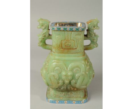 A SUPERB RUSSIAN CARVED JADE AND CLOISONNE ENAMEL TWO-HANDLED VASE in the Chinese manner, carved with scrolls and masks, with