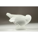 A FROSTED GLASS LALIQUE BIRD. Etched Lalique, France. 10cms high.
