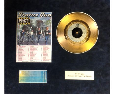 Status Quo 15x17 mounted signature piece c/w Tour Flyer signed by Rick Parfitt and Francis Rossi, Concert ticket and Gold 45 