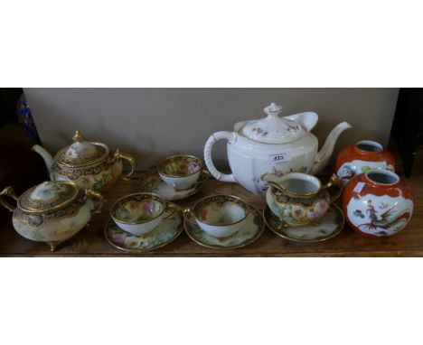 A Noritake rose and gilt decorated part tea set together with a pair of modern Chinese small ginger jars and a Crown Derby De