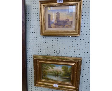 An oil on panel depicting a sailing vessel in river scene, together with a watercolour depicting Rome