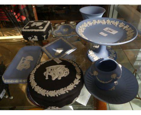A collection of various Wedgwood Jasperware to include small tazza, pin trays, trinket boxes etc