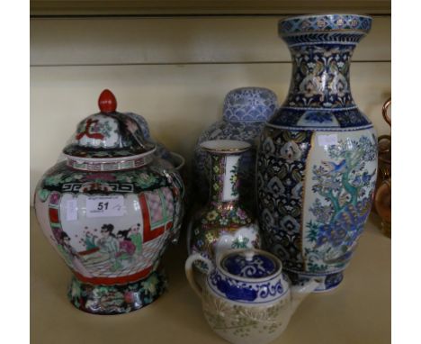 A mixed lot modern Oriental ceramics to include ginger jars, baluster vases, jardiniere and small teapot (7) 