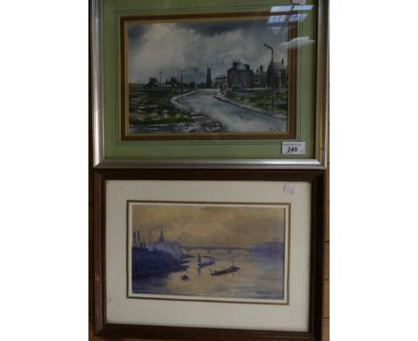 S T Bentley - 'Greenwood Street, Oldham', watercolour study, framed and glazed together with W M Grant, river scene with barg