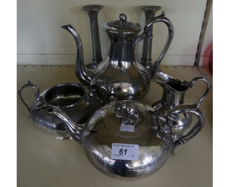 A silver-plated four piece tea and coffee service together with a pair of hammered pewter candlesticks (6)