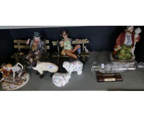 A mixed lot comprising Capodimonte models of tramps, a Beswick Siamese cat, Minton Haddon Hall animals and a glass model of t