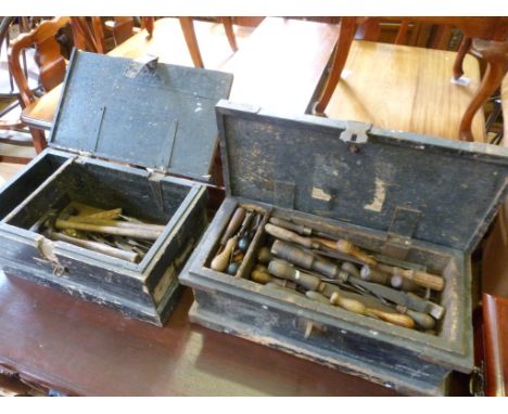 Two vintage tool chests, containing an assortment of vintage tools to include chisels etc.