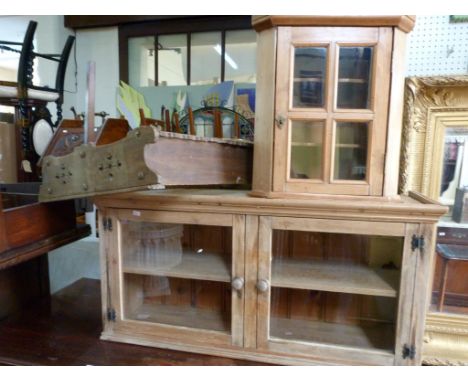 A mixed lot comprising a small glazed pine corner cabinet, stained pine three tier shelf with pierced side and a small pine g