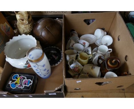 Two boxes of mixed wares to include a range of various Royal Commemorative teacups and other ceramics plus further jardiniere