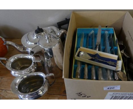 A silver-plated three piece tea service together with an assortment of various plated and steel cutlery 