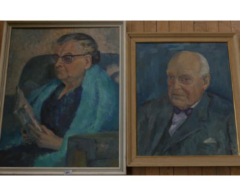 In the style of Emmanuel Levy - a portrait of an elderly woman wearing glasses and a further head and shoulders portrait of a