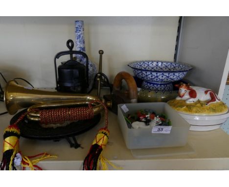 A mixed lot to include brass bugle, small mess work purse, pair of pierced iron plates, a butter dish, flat iron decorated bo