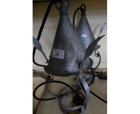 A pair of aesthetic movement hanging metal ceiling light fittings, converted from oil   CONDITION REPORT:  18cm from top of f