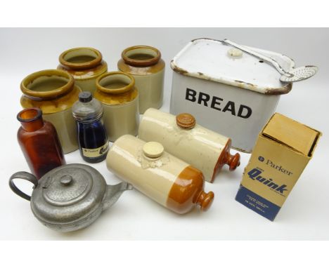 Vintage enamel bread bin and skimmer, stoneware jars and hot water bottles, bottle of Parker Super Quink blue-black ink, boxe