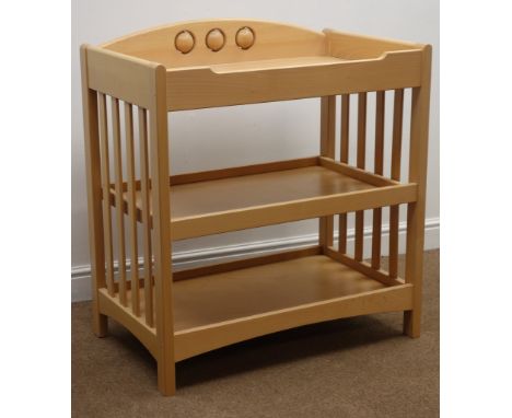 Three tier light beech baby changing station, towel rail, two under tier shelves, W89cm, H94cm, D54cm  Click here for further
