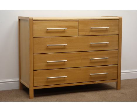 Modern light oak chest, two short and three long drawers, stile supports, W110cm, H85cm, D45cm Condition Report Click here fo