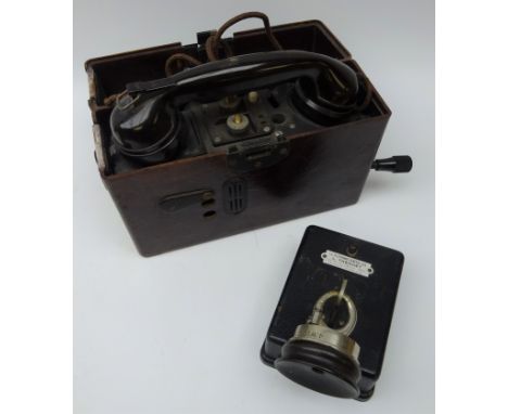 Early 20th century French tin intercom telephone, wall mounted with bakelite speaker with plaque for 'L. Theodet' and a WWII 