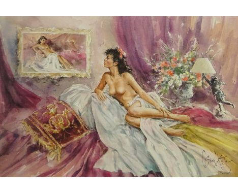 Nude Reclining in Bed, limited edition colour print after Gordon King (British 1939-) no. 419/850, signed and numbered in pen