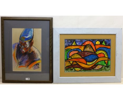 Abstract Landscape, oil on paper signed by Kola Sorunke (Nigerian 1951-) and dated '96, together with a pastel portrait by th