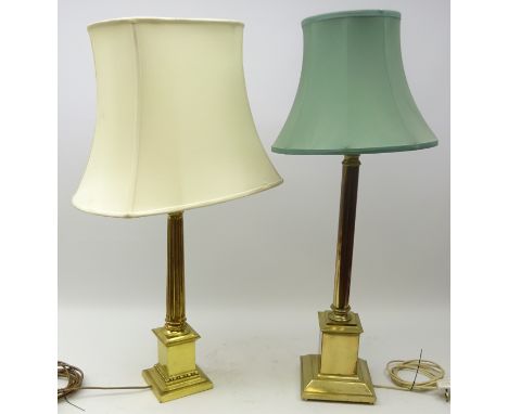 Large brass Corinthian Column table lamp with cream shade, H86cm and another similar brass table lamp with shade (2) Conditio