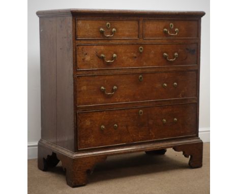 George lll and later oak chest of two short and three long drawers, shaped bracket supports, W99cm, H106cm, D54cm Condition R
