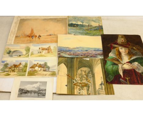 Collection of 19th century and later watercolours, pencil drawings and engravings including 'Staithes', Figures on the Beach,