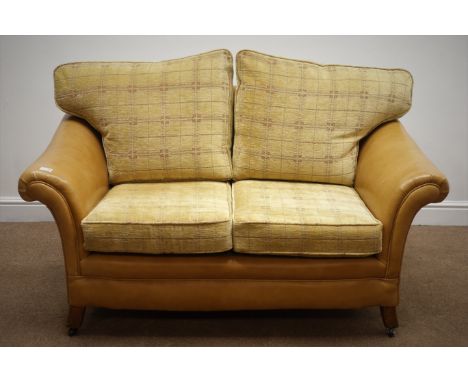 Early 20th century two seat sofa upholstered in tan leather with check fabric cushions, W142cm Condition Report Click here fo