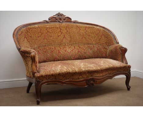 19th century walnut framed two seat serpentine sofa, carved cresting rail, upholstered in embossed fabric, shaped apron, cabr