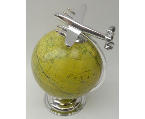 Art Deco style world globe with chrome Aeroplane finial and mounts, H31cm  Condition Report Click here for further images, co