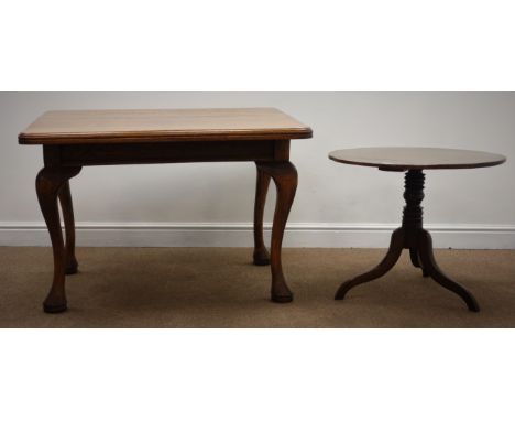 Early 20th century oak circular tripod wine table, (D67cm, H57cm) and an oak coffee table on  cabriole legs, pad feet (W104cm