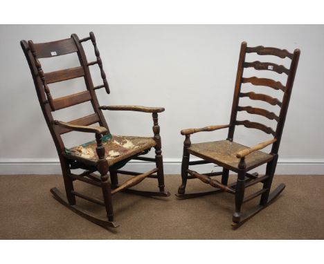 19th century elm ladder back rocking chair, later upholstered seat, turned supports and stretchers (W59cm) and similar rush s