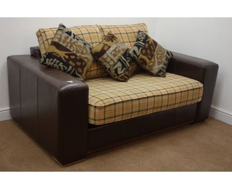 Two seat sofa upholstered in chocolate brown leather with check fabric cushions (W166cm) and scatter cushions and spare cover