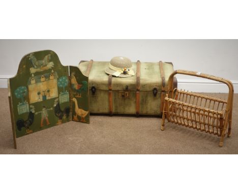 Vintage wooden bound trunk, hinged lid (W84cm, H36cm, D54cm) a bamboo magazine rack, a painted folding firescreen and a straw