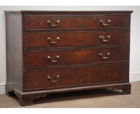 Georgian oak chest, of four cockbeaded drawers on shaped bracket supports, W127cm, H92cm, D59cm Condition Report Click here f