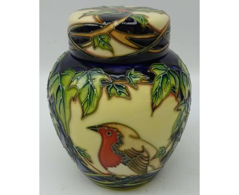 Moorcroft limited edition ginger jar, decorated with Robins amongst ivy & holly, designed by Philip Gibson dated 2005 no. 27/