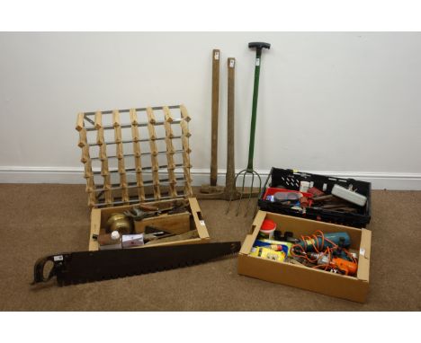 Selection of old hand tools and a thirty six bottle wine rack Condition Report Click here for further images, condition, auct