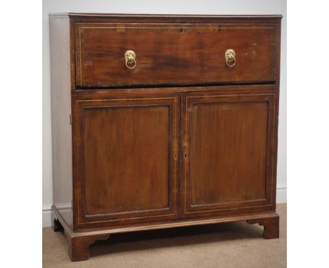 Regency brass inlaid and cross banded mahogany secretaire chest, fall front enclosing fitted interior above two cupboard door