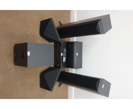 Mission speaker system including two uprights, two front, centre speaker and two rear speakers with Tannoy sub woofer, and Ya